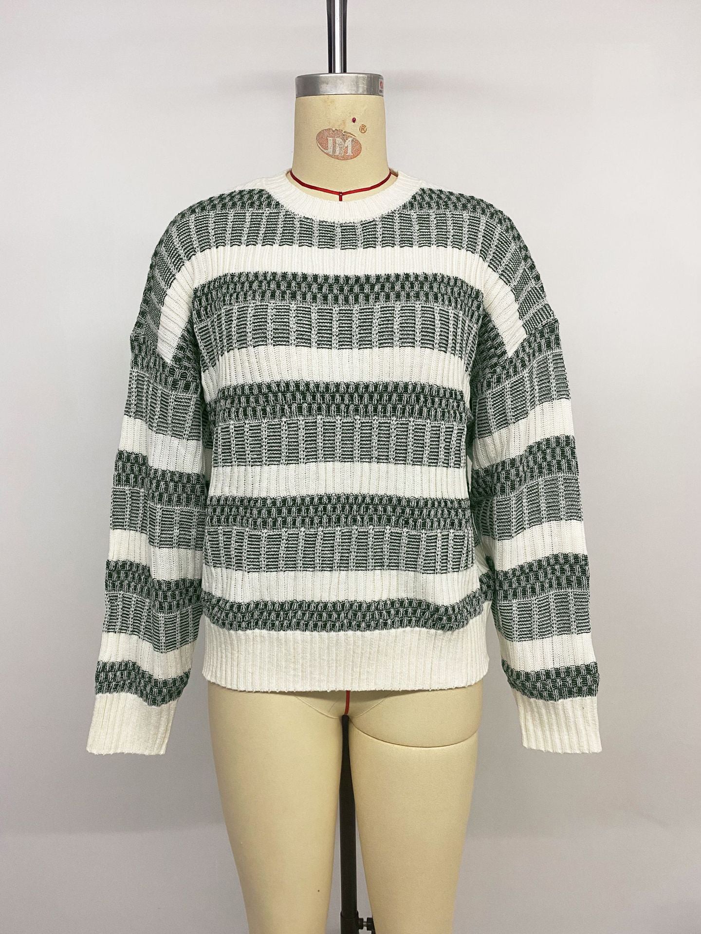 Women Pullover Sweater Hunter Green Two-Tone Jewel Neck Long Sleeves Layered Acrylic Sweaters