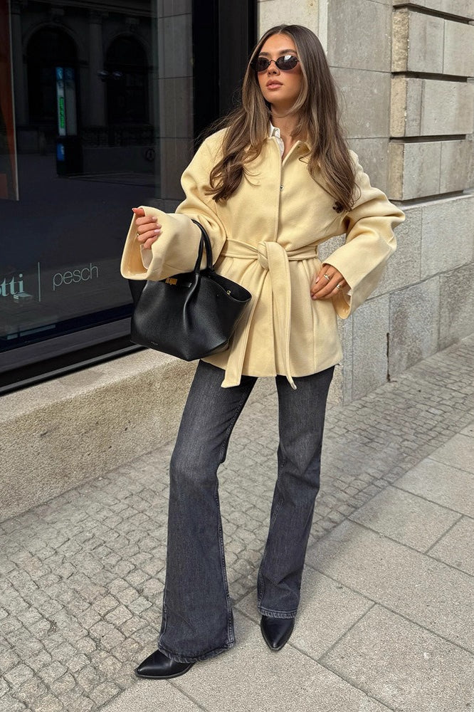 Solid Color Belted Midi Wool Blend Coat