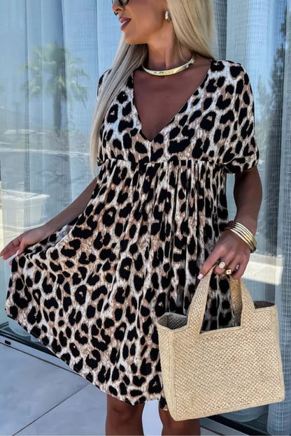 Khaki Leopard Print Backless V Neck Loose Fit Mini Dress