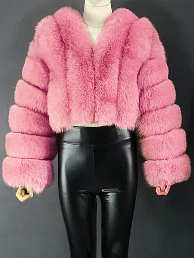 Faux Fur Coat V-Neck Long Sleeves Winter Eco-friendly Fur Crop Jacket For Women 2026