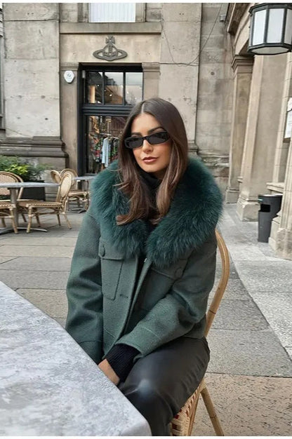 Green Detachable Fur Collar Wool Jacket