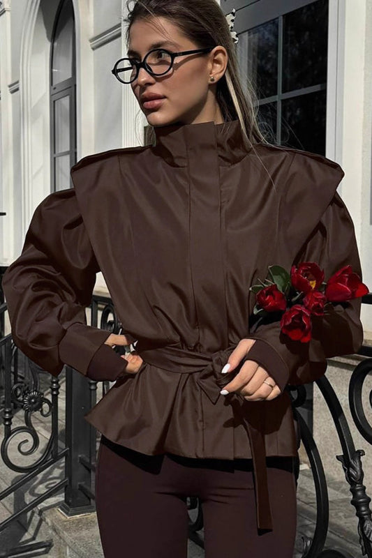 Tie-Waist Collared Long-Sleeve Loose Trench Coat