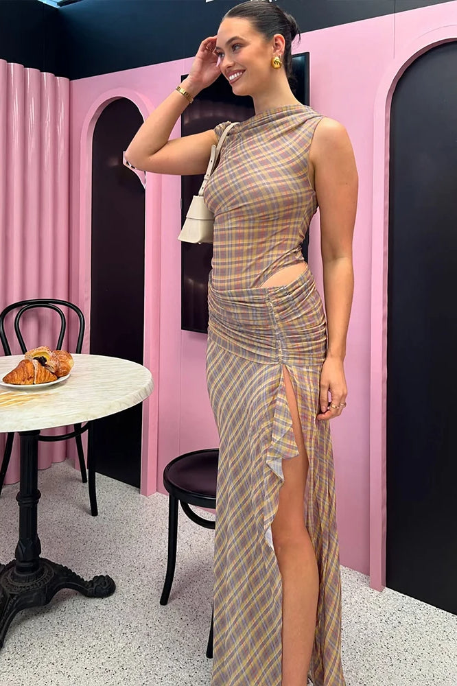 Asymmetric One-Shoulder Plaid Mesh Ruched High Slit Maxi Dress