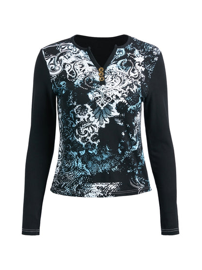 Gothic Print V Neck Long Sleeve Tee