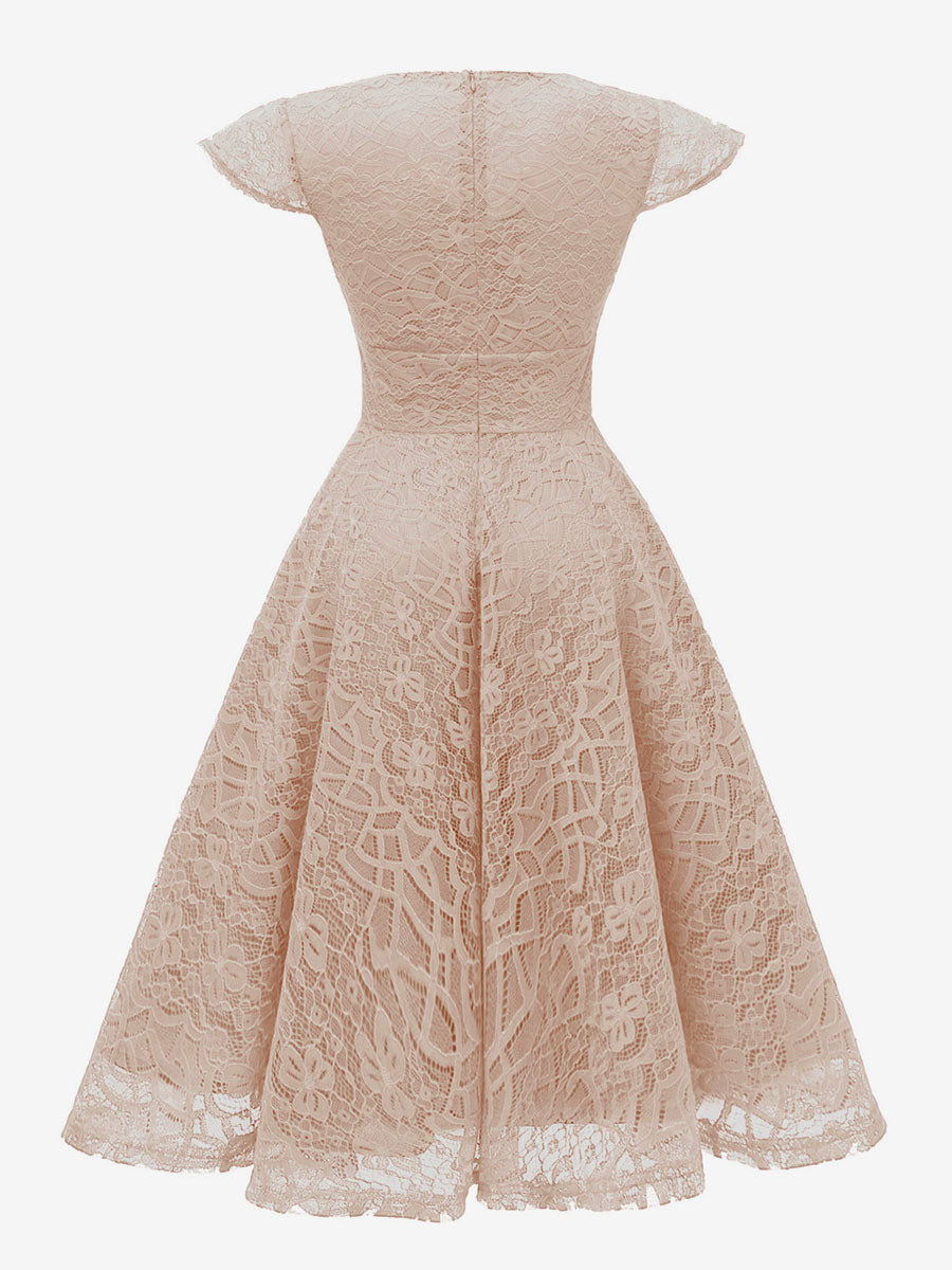 Vintage 1950s Midi Lace Dress for Women - V Neck Cap Sleeve A-line Cocktail Prom Gown - Wedding Guest Wear 2026