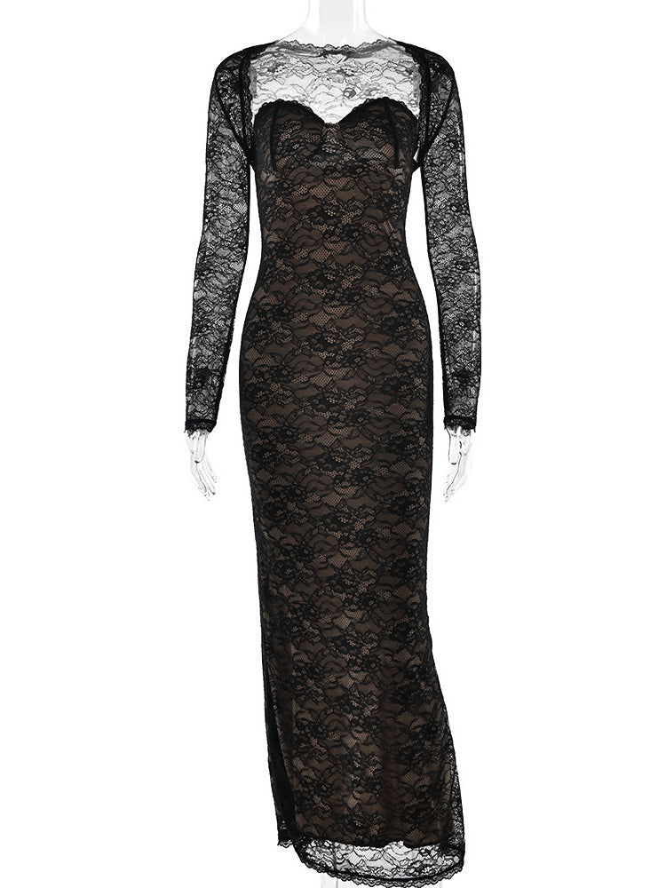 Elegant Black Floral Lace Shrug Maxi Dress Bodycon Evening Gown For Women 2026