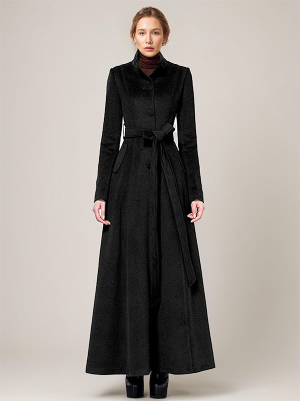 Long Wool Blend Coat Stand collar Belted Warm Classic Full-length Winter Outerwear For Women 2026