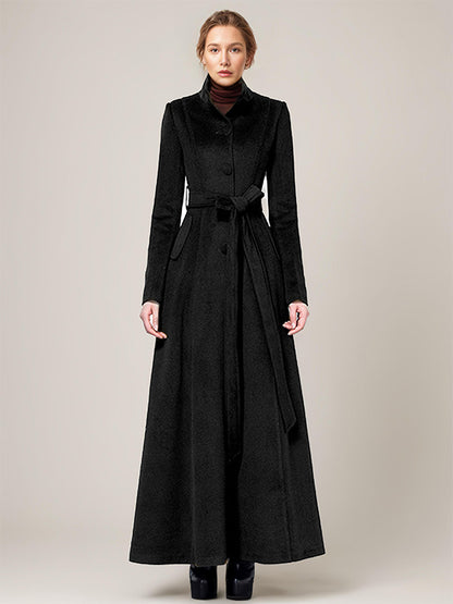 Long Wool Blend Coat Stand collar Belted Warm Classic Full-length Winter Outerwear For Women 2026