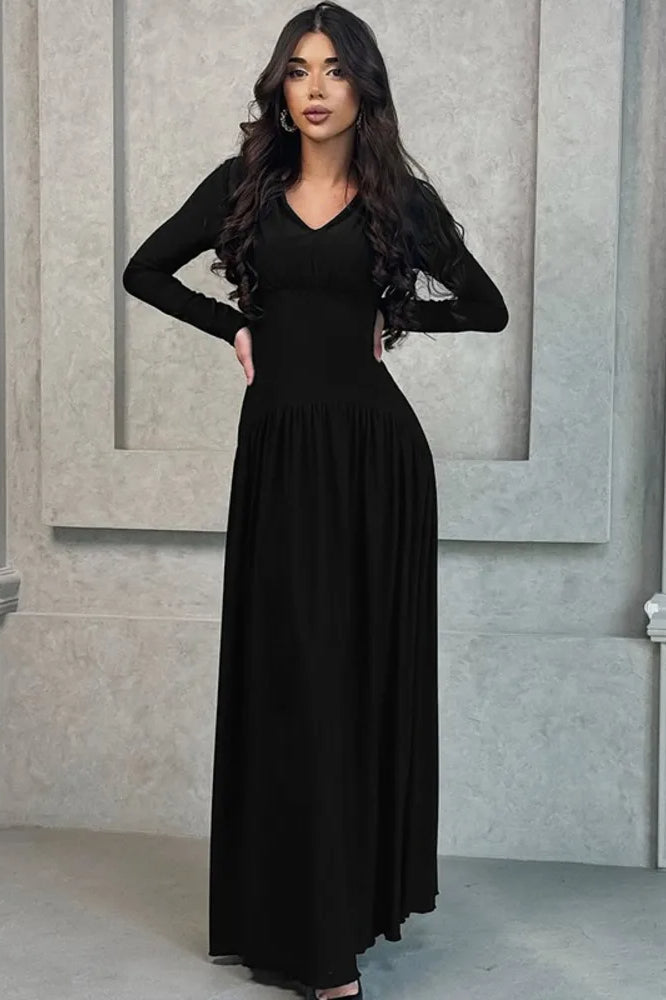 Surplice V-Neck Empire Waist Pleated Long Sleeve Maxi Dress