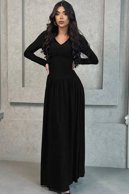 Surplice V-Neck Empire Waist Pleated Long Sleeve Maxi Dress
