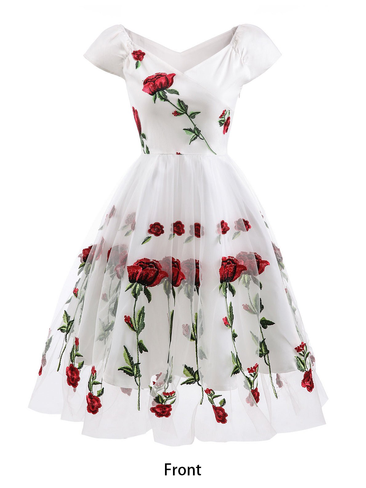 Rose Embroidered Vintage Midi Swing Dress for Women - 1950s Off Shoulder Style A-Line - Summer Tea Party 2026