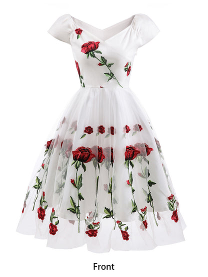 Rose Embroidered Vintage Midi Swing Dress for Women - 1950s Off Shoulder Style A-Line - Summer Tea Party 2026
