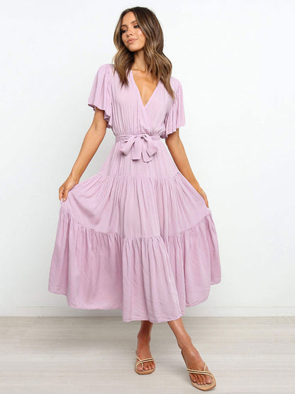 Boho Ruffle Tiered Midi Dress for Women - Lilac V Neck Flutter Sleeve A-Line Flowy Wrap Sun Dress - Summer Wedding Guest 2026