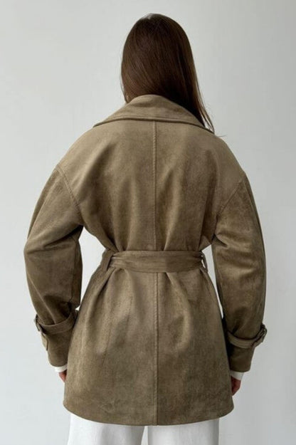 Vintage Suede Lapel Tie Waist Jacket Coat