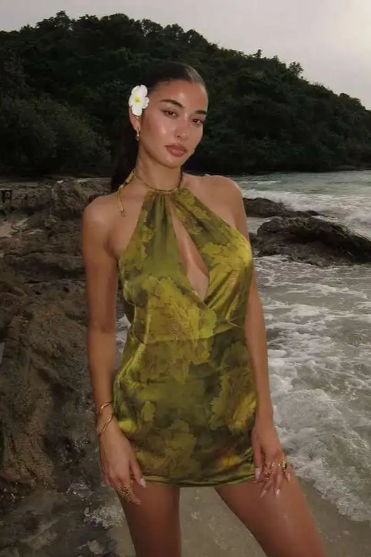 Halter Neck Keyhole Cutout Jacquard Floral Satin Mini Dress