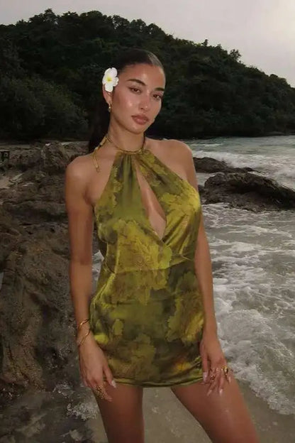 Halter Neck Keyhole Cutout Jacquard Floral Satin Mini Dress