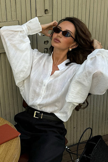 Loose Fit Lantern Sleeve Stand Collar Blouse