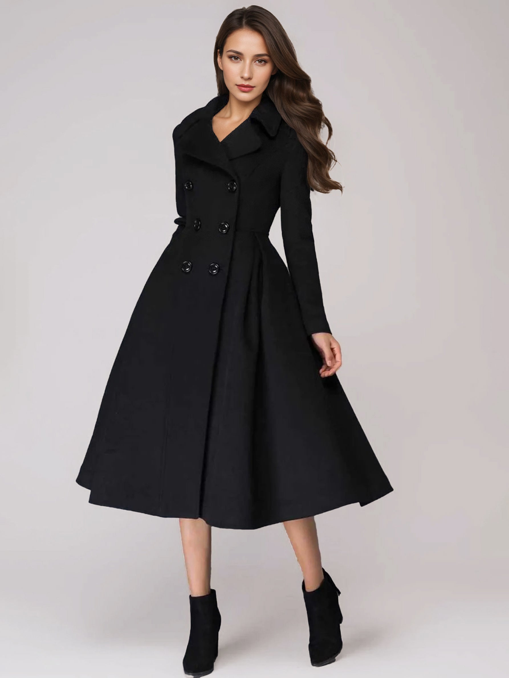 Green Woolen Flared Coat Double-breasted Wide Lapel Winter A-line Midi Outerwear 2026