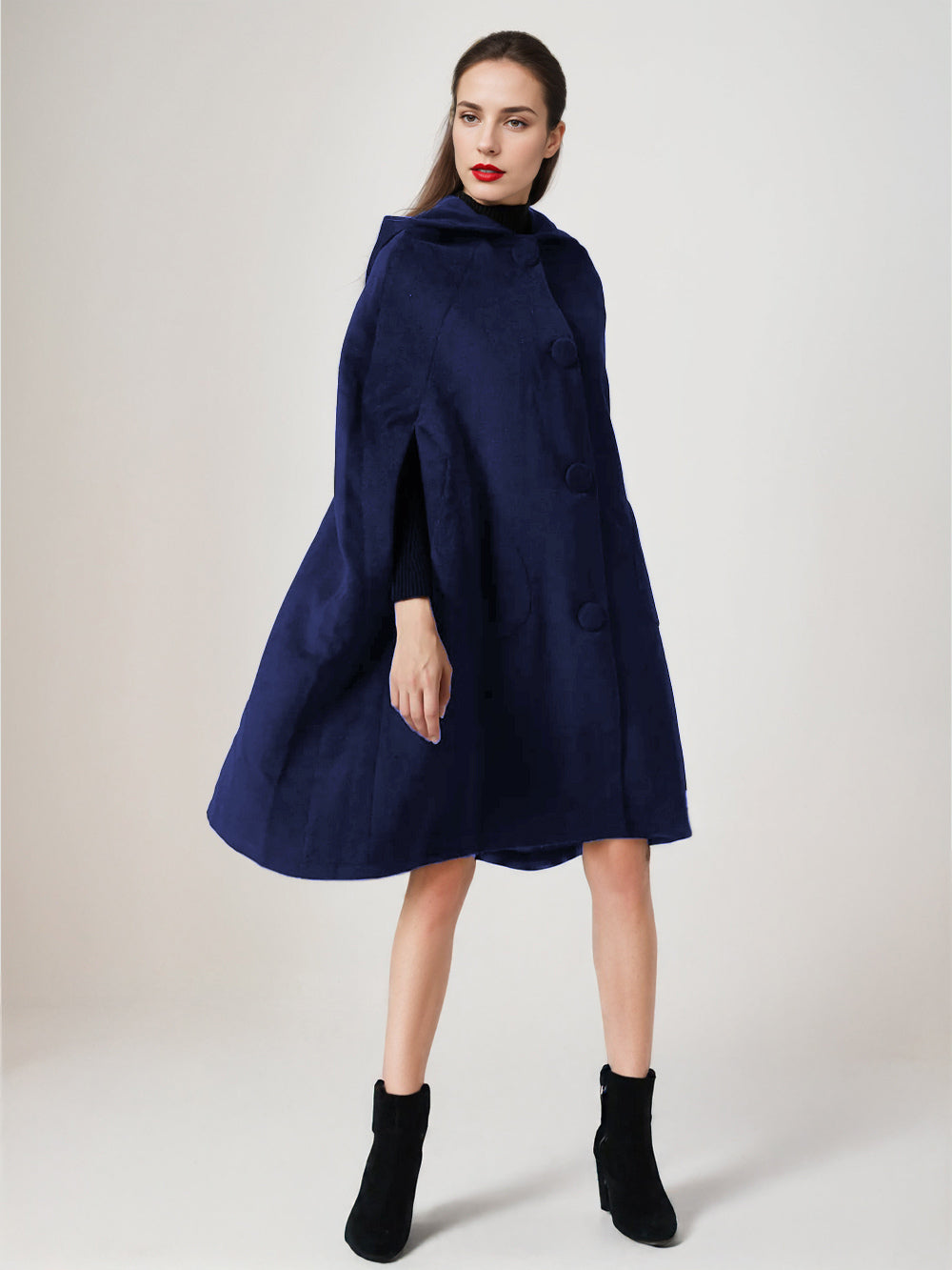 Black Woolen Cape Coat With Hood Oversized Poncho Winter Outerwear For Women 2026