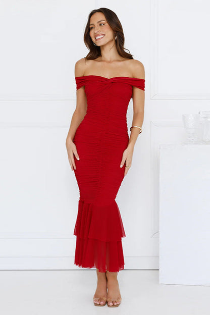 Ruched Double Layer Fishtail Maxi Dress