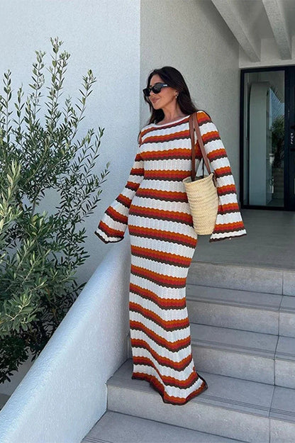 Zigzag Crochet Knit Boat Neck Bell Sleeve Bodycon Maxi Dress