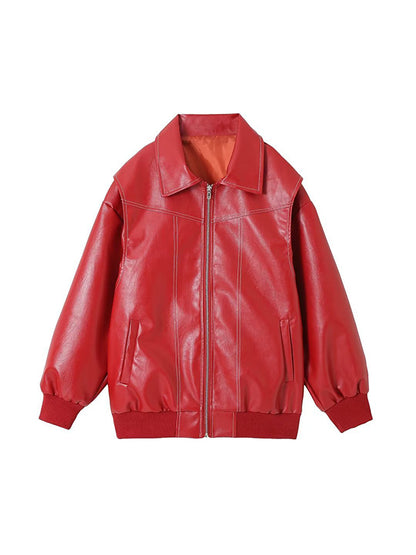 Loose long sleeve vintage leather jacket