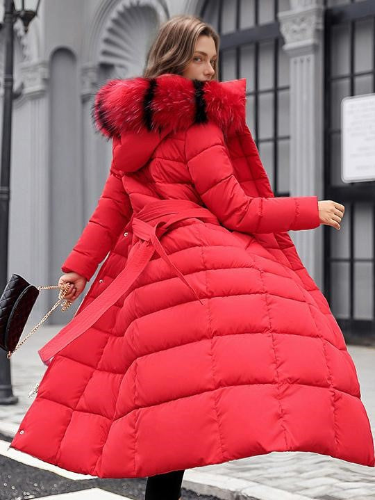 Women Coat Belted Removable Faux Fur Collar Hooded Full Length Winter Coat
