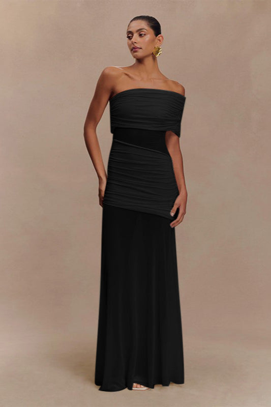 Ruched Mesh Panel Strapless Sheer Maxi Dress