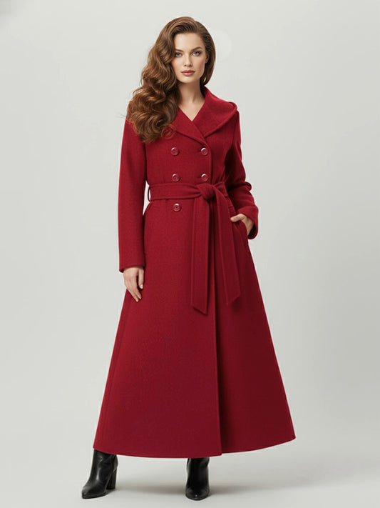 Wool Blend Maxi Hooded Coat With Double-Breasted Design For Women 2026
