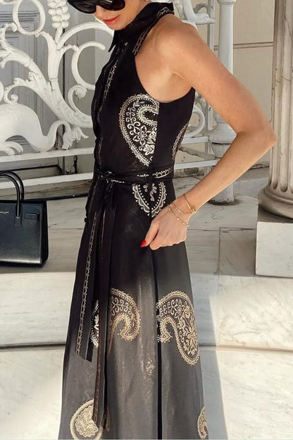 Vacation Calls Unique Print Shirt Neck Sleeveless Tie-up Pocketed Maxi Dress