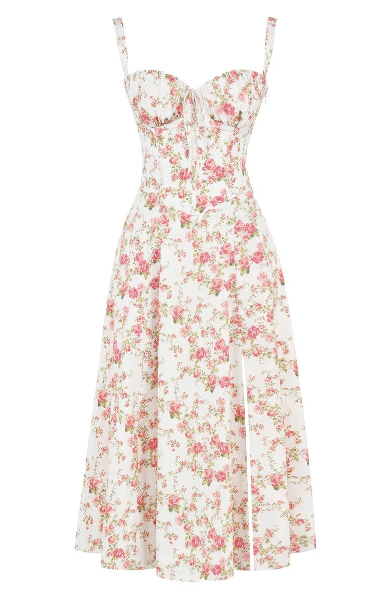 Floral Lace Up Back Spaghetti Strap Corset Fit and Flare Midi Dress