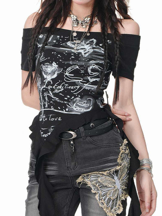 Printed Irregular Ribbon Scoop Neck T-Shirt