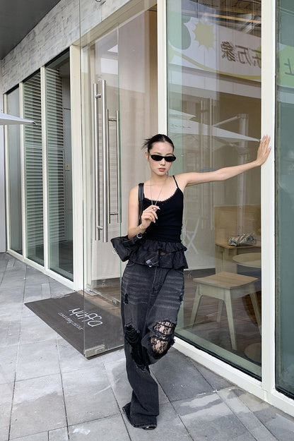 Lace Panel Ripped Wide Leg Jeans