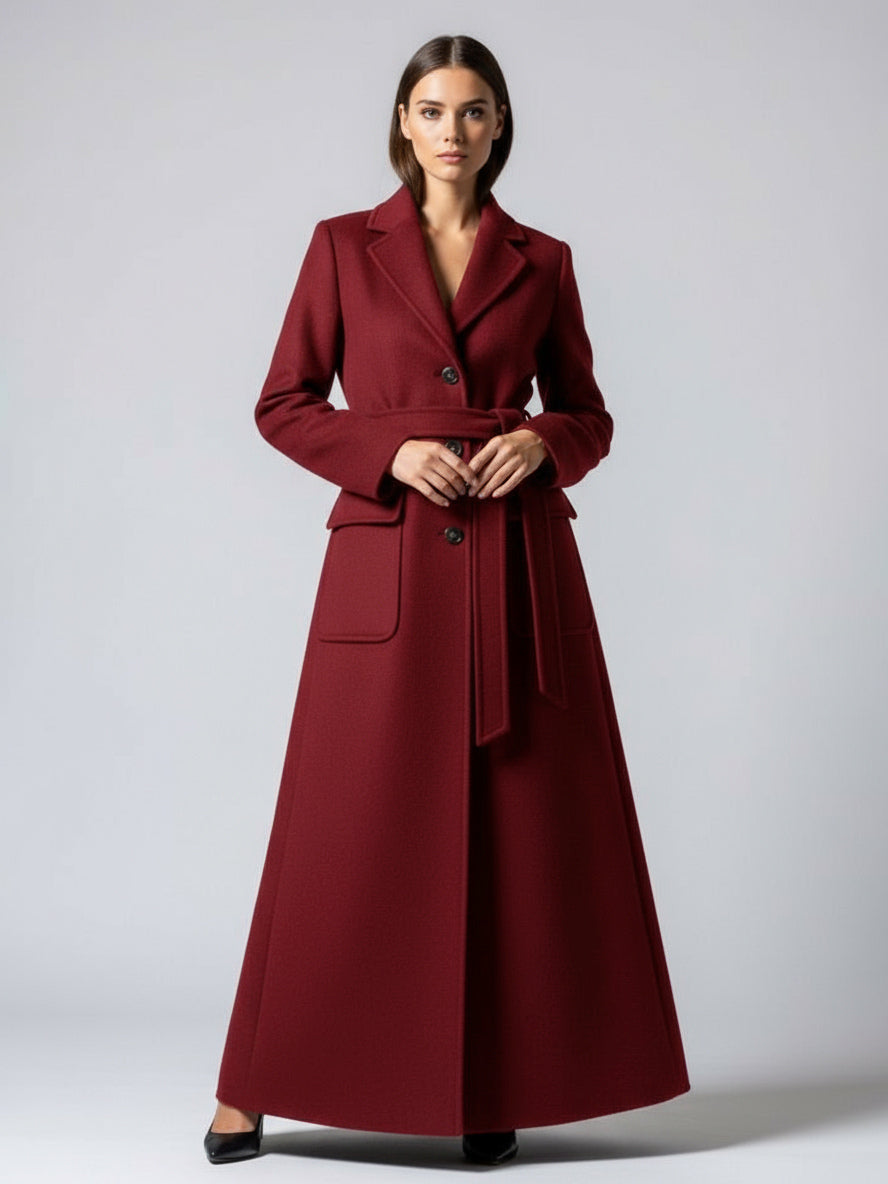Belted Full Length Maxi Woolen Coat With Lapel And Big Pockets For Women 2026
