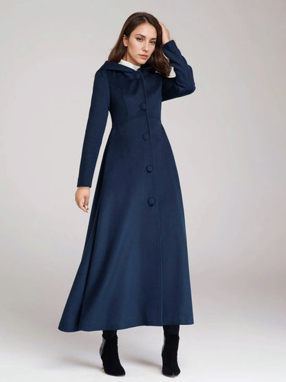 Wool Blend Coat With Hood Dark Navy A-line Flared Maxi Outerwear For Women 2026