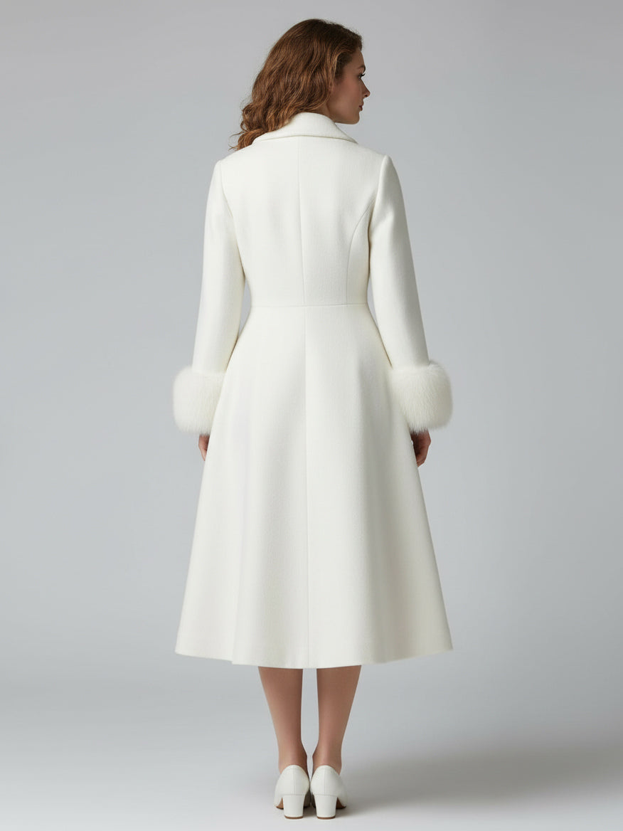 Vintage A-line Woolen Flared Midi Coat With Detachable faux fur cuffs In White 2026