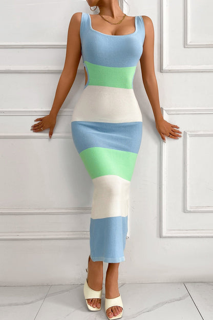 Stripe Knit Scoop Neck Waist Cut Out Bodycon Maxi Sweater Dress