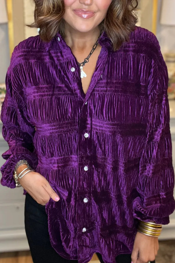 WOMEN'S SHIRRED VELVET BUTTON DOWN TOP