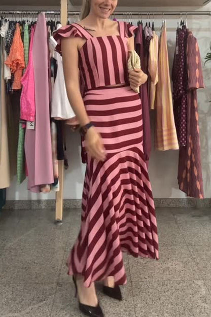 Rosha Striped Square Neck Ruffles Sleeve Smocked Top and High Rise Flare Skirt Set