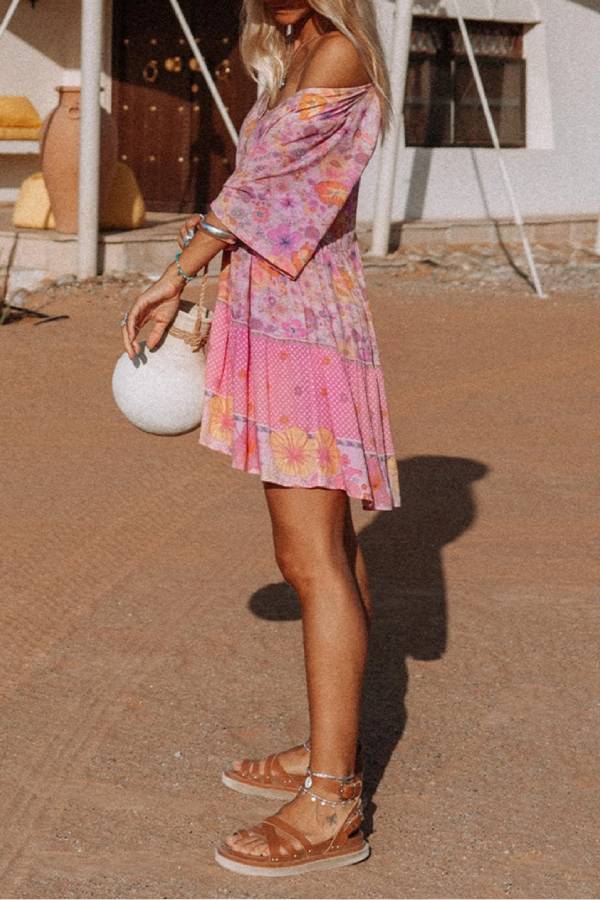 Multicolor Hibiscus Floral Print Ruffle Short Dress