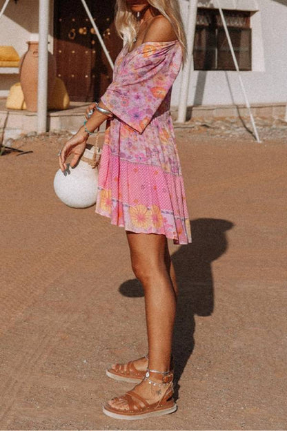 Multicolor Hibiscus Floral Print Ruffle Short Dress