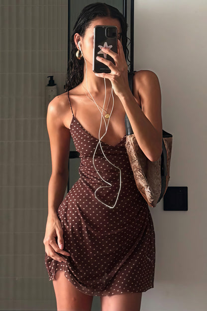Polka Dot Mesh V Neck Spaghetti Strap Ruched Bodycon Mini Dress