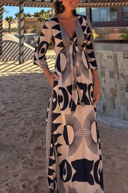 Unique Print V-Neck Tie Loose Pocket Casual Maxi Dress
