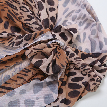 Leopard print halter self tie mesh 3 piece maxi skirt set