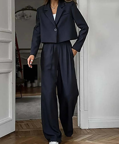 Black Blue Single Button Blazer Office Two Piece Set