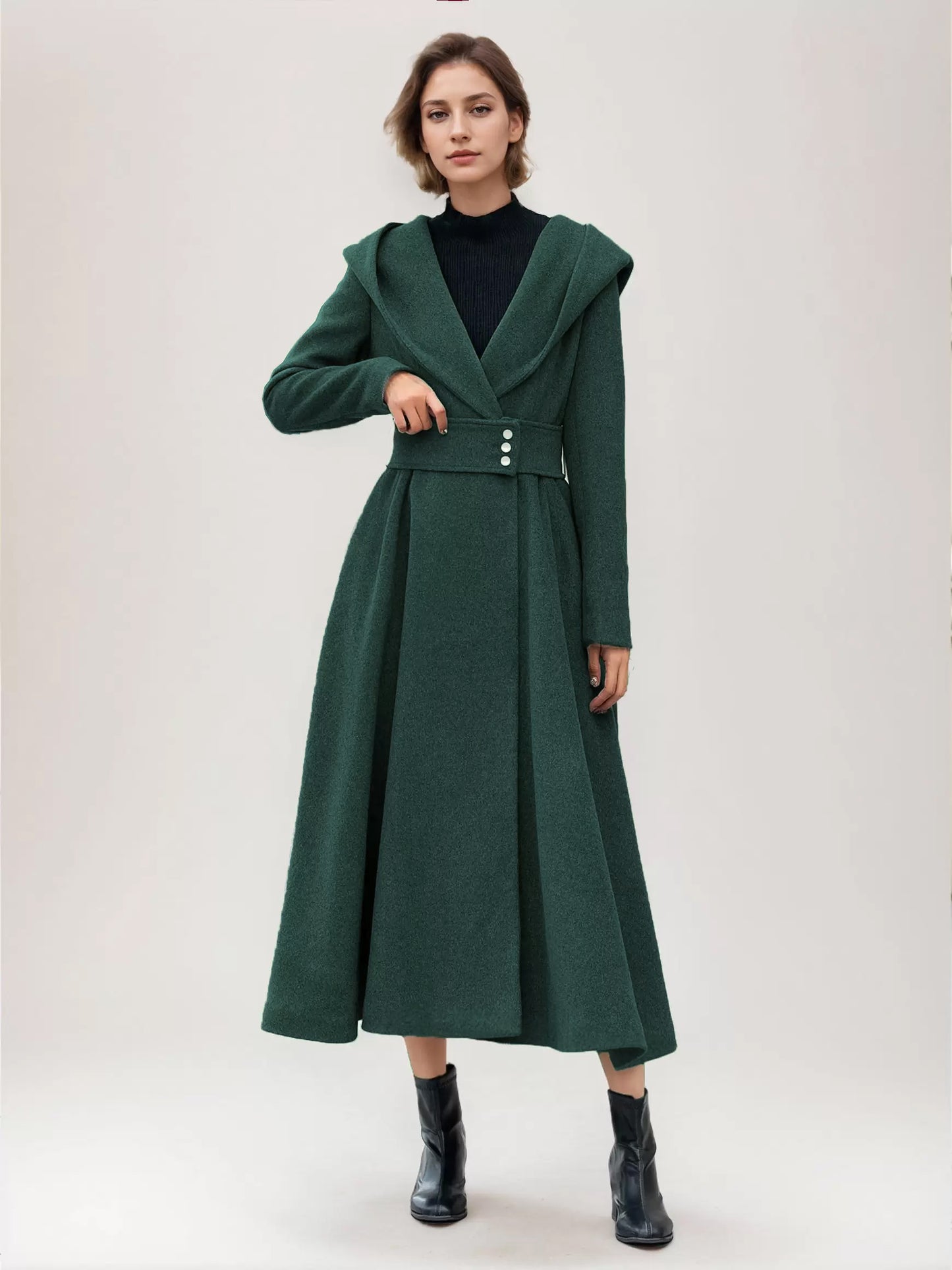 Flared Woolen Coat For Woman Hooded Gray Belted A-line Winter Long Outerwear 2026