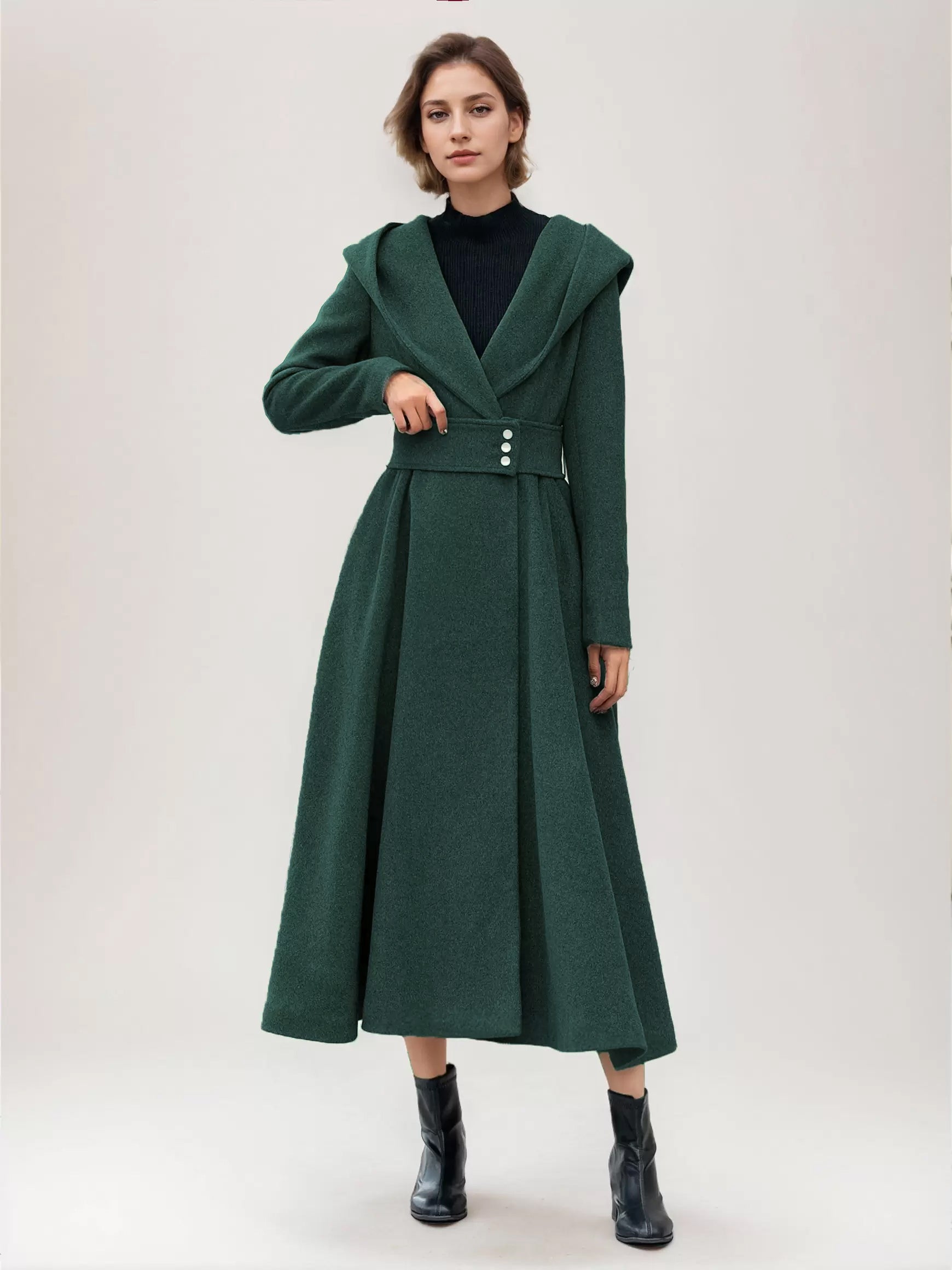 Flared Woolen Coat For Woman Hooded Gray Belted A-line Winter Long Outerwear 2026