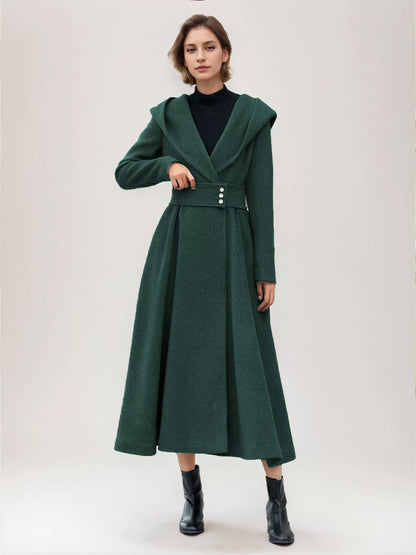 Flared Woolen Coat For Woman Hooded Gray Belted A-line Winter Long Outerwear 2026