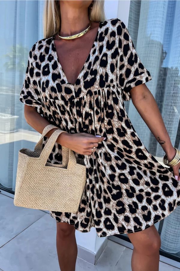 Khaki Leopard Print Backless V Neck Loose Fit Mini Dress