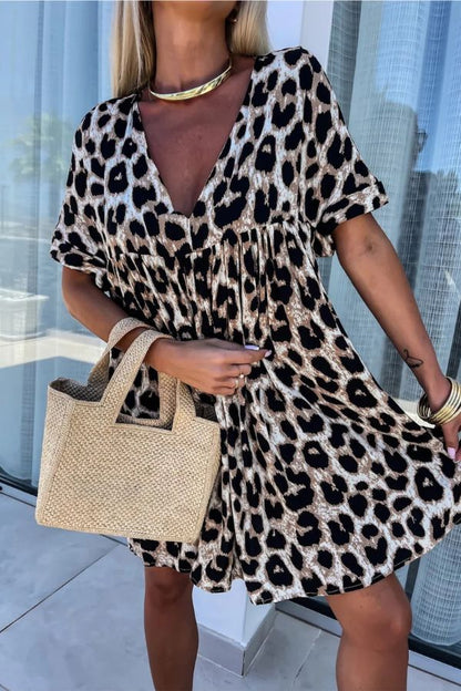 Khaki Leopard Print Backless V Neck Loose Fit Mini Dress
